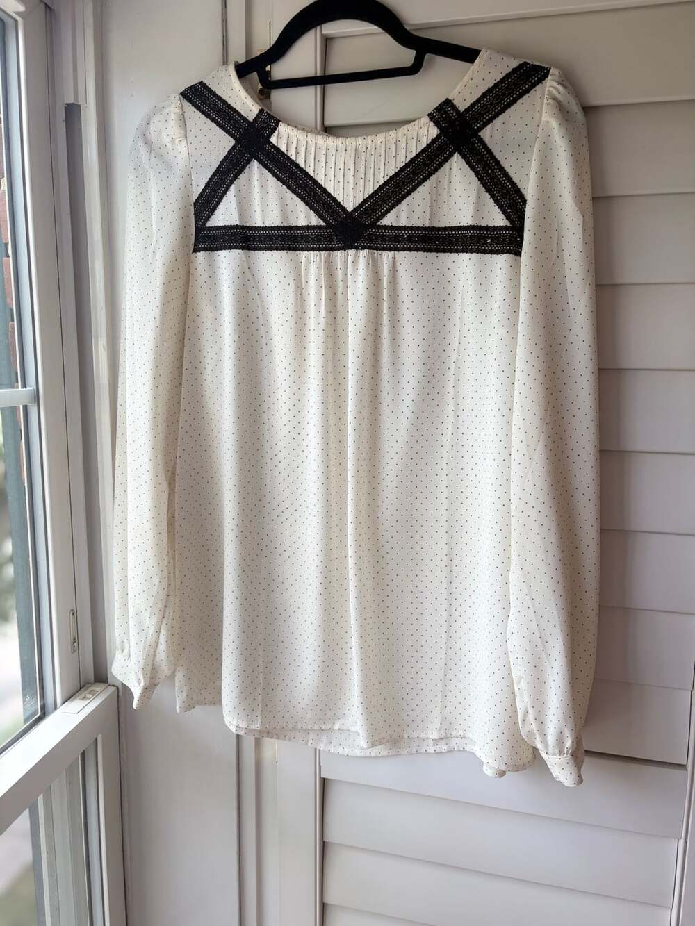 Lace Yoked Sheer Polka Dot Long Sleeve Blouse Romantic Delicate Boho